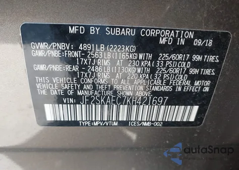 2019 Subaru Forester Premium z USA, uszkodzony, nr VIN JF2SKAEC7KH421697